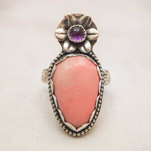 Sterling Rhodochrosite & Amethyst Flower Ring — Size 7